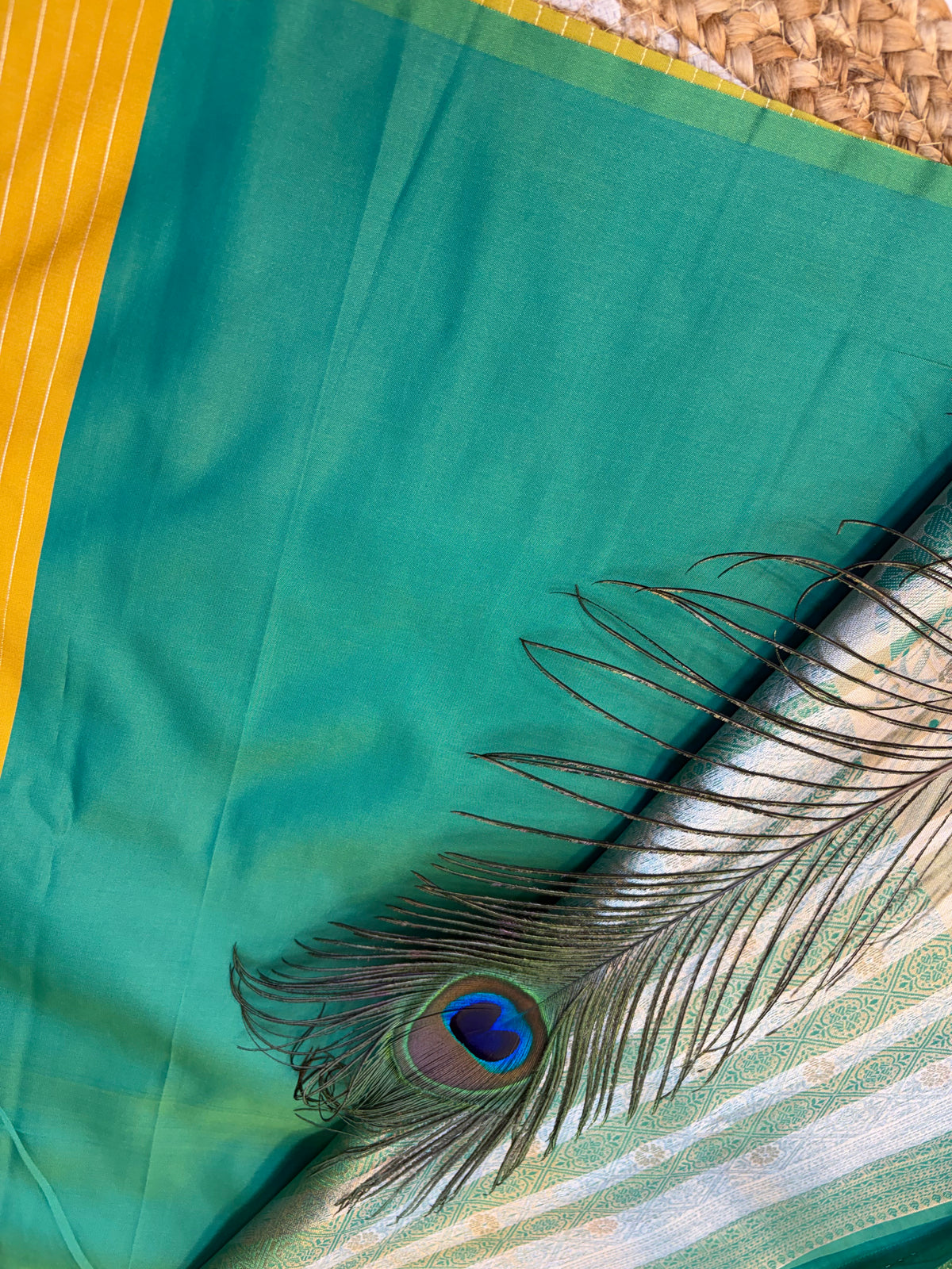 Soft Silk Saree Yellow Colour With Peacock Blue Border -(KCSSS07)