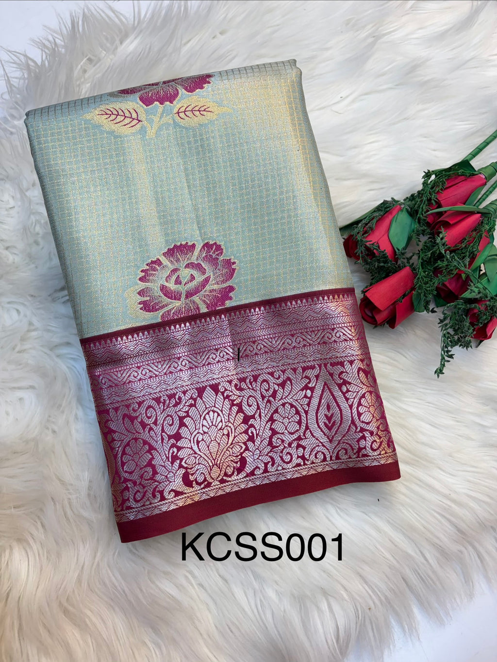 Checked Silk Saree Sky Blue with Rani pink contrast Border -KCSS001 (Copy)