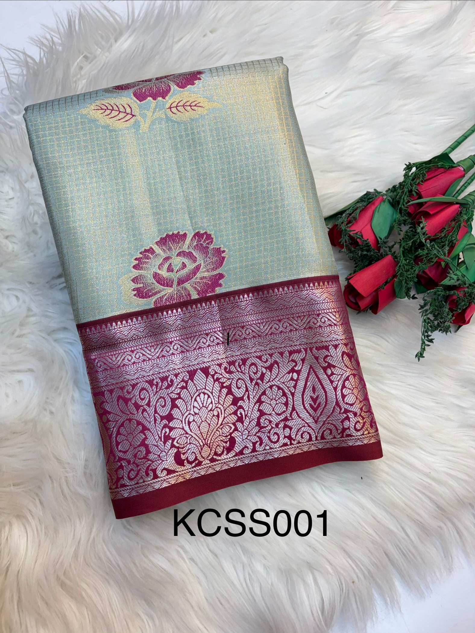 Checked Silk Saree Sky Blue with Rani pink contrast Border -KCSS001 (Copy)