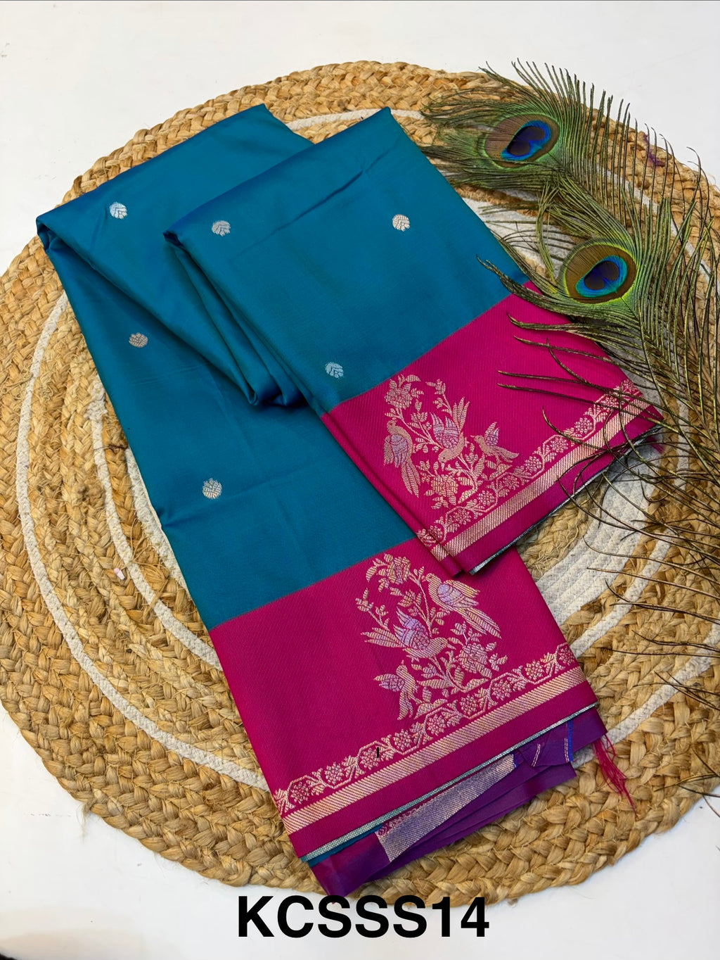 Soft Silk Saree Peacock Blue Colour With Rani pink Border -(KCSSS014)