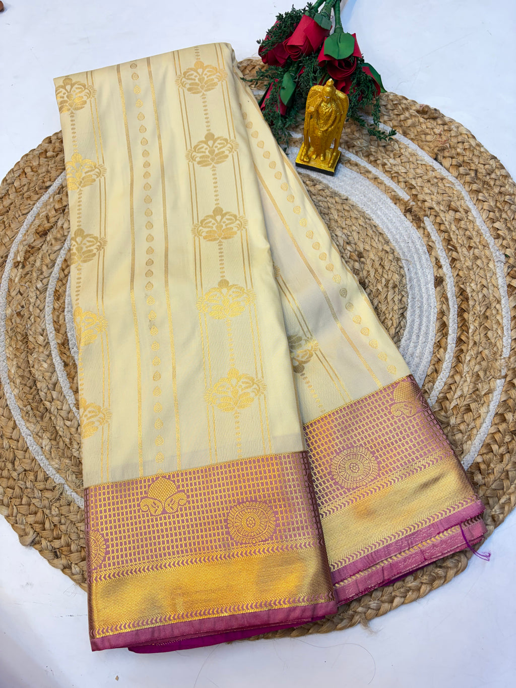 Silk Saree Pattu Cremish Colour (Half White) With Pink Border - (KCSSP004)