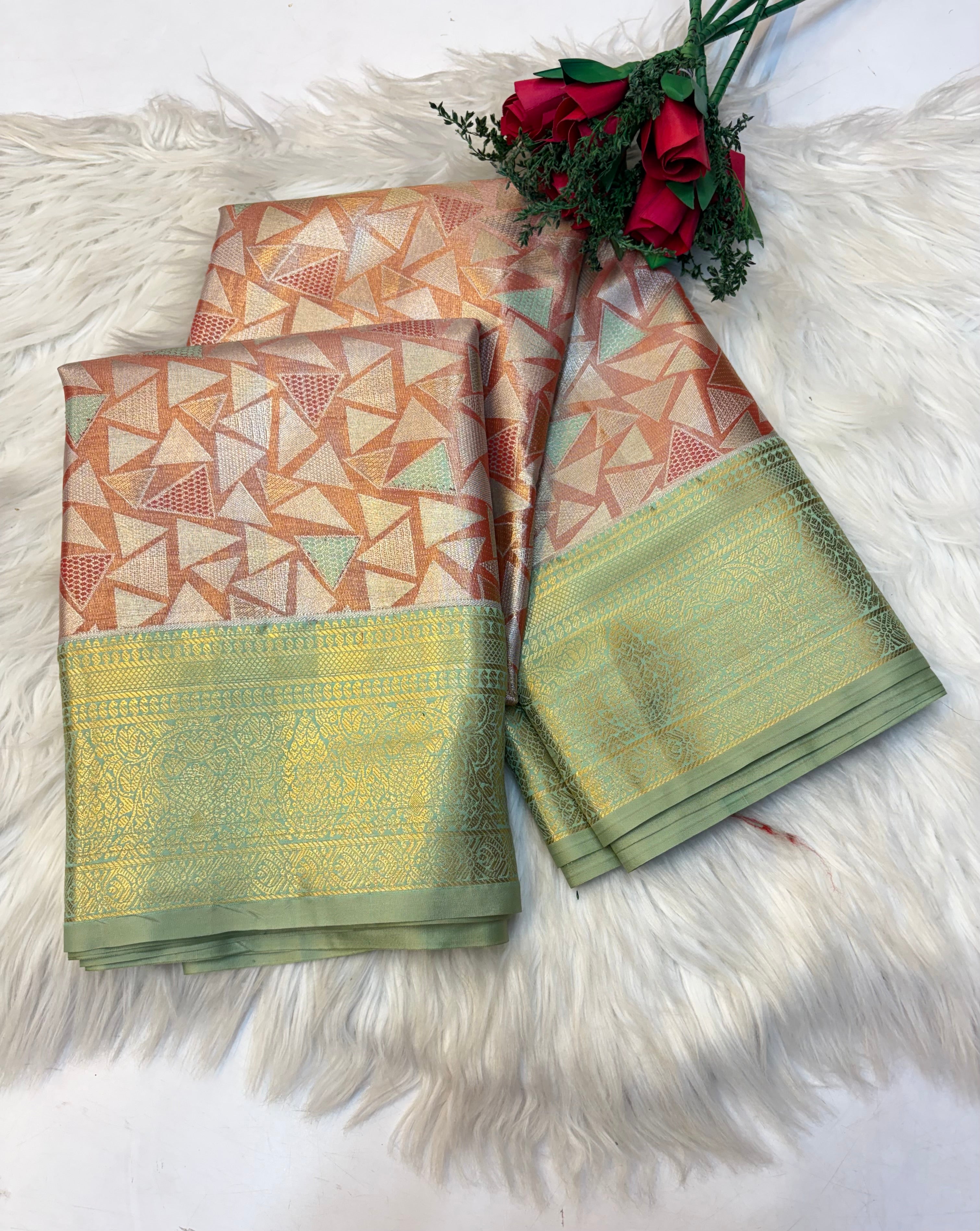 Geometric Silk Saree Onion Pink With  Apple Green Border  -(KCSS008) (Copy 2)