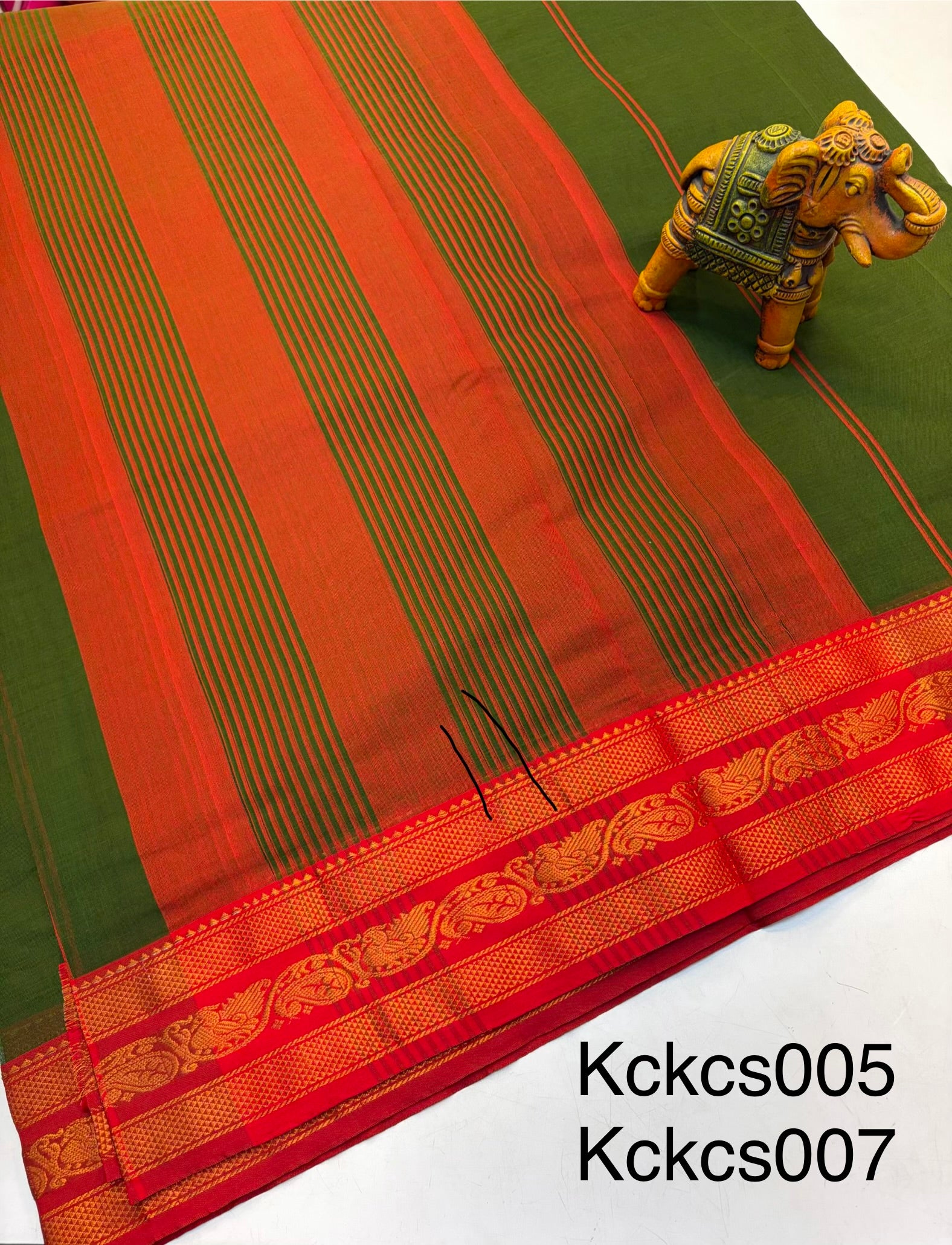 Kanchi cotton saree Mehandi Green Contrast RedBorder - KCKCS005