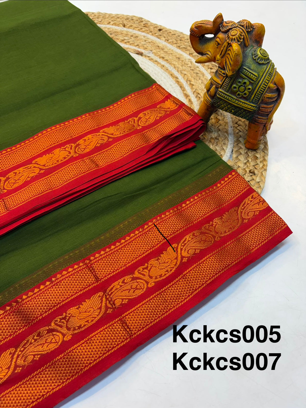 Kanchi cotton saree Mehandi Green Contrast RedBorder - KCKCS005