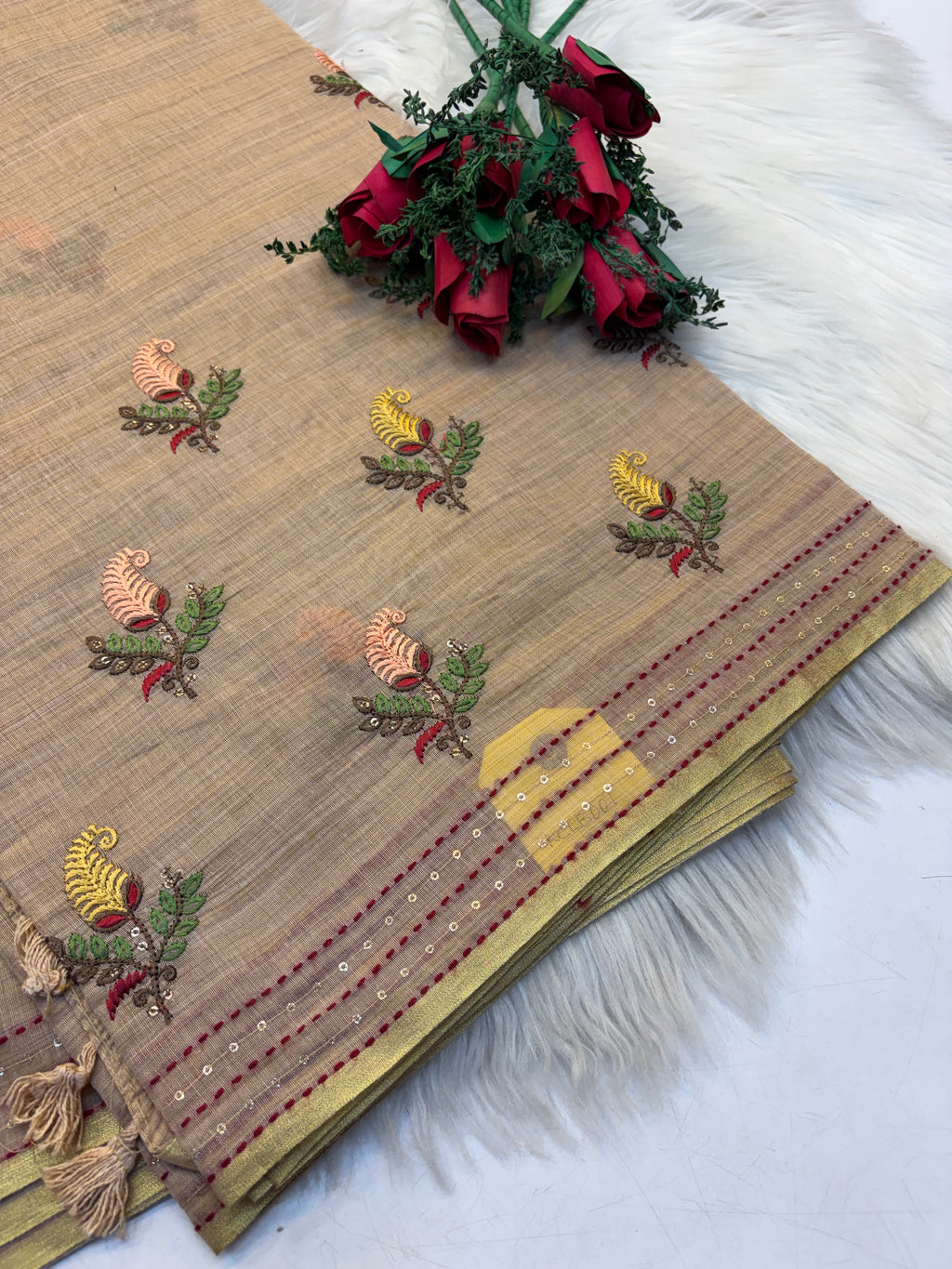 Lenin Embroidery saree Light Pastel Creamish colour- KCLB002
