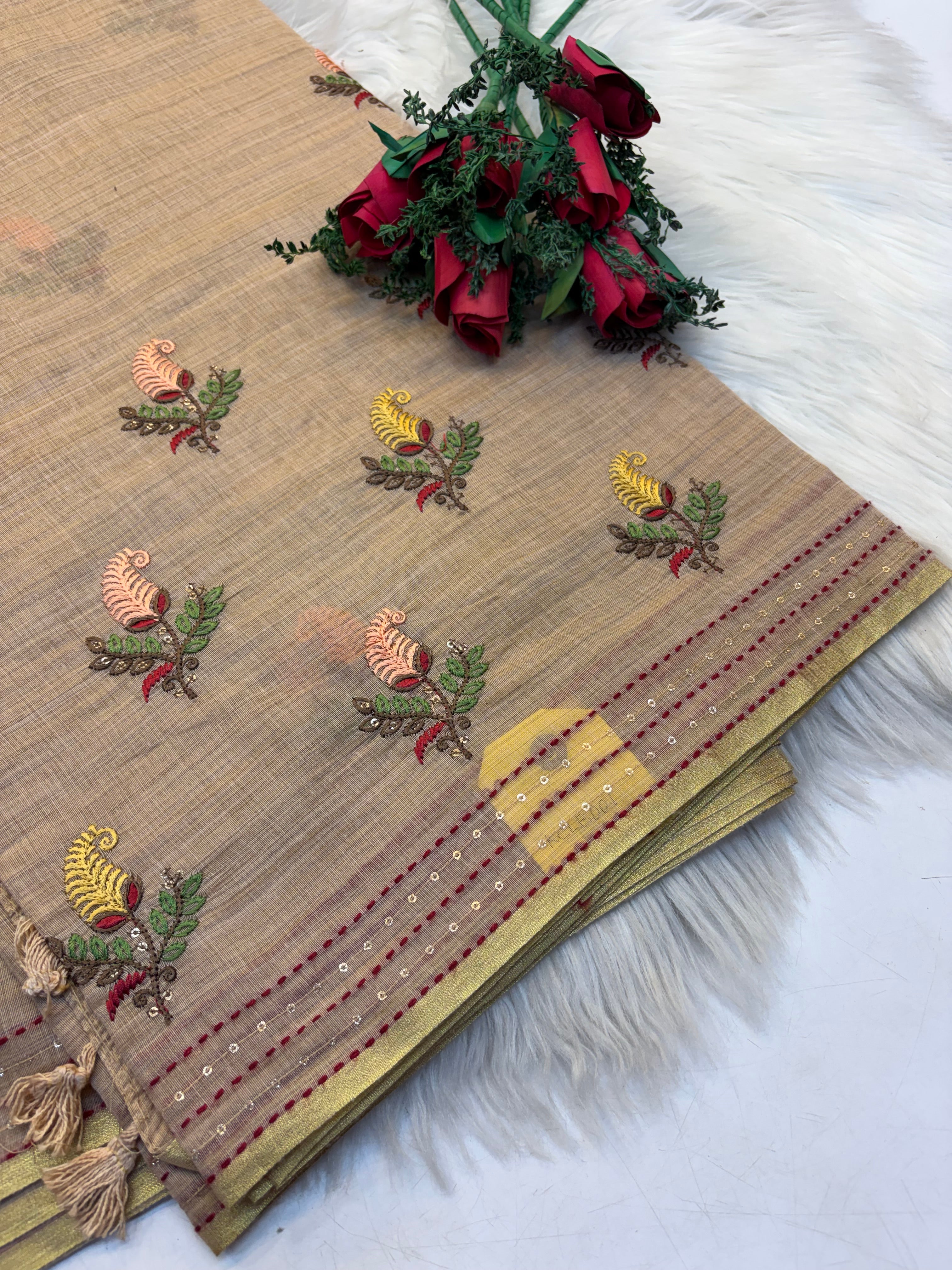 Lenin Embroidery saree Light Pastel Creamish colour- KCLB002