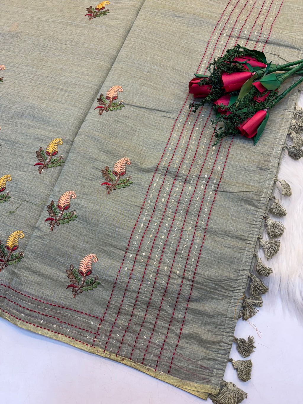 Lenin Embroidery saree Light Pastel Green  colour- KCLB005