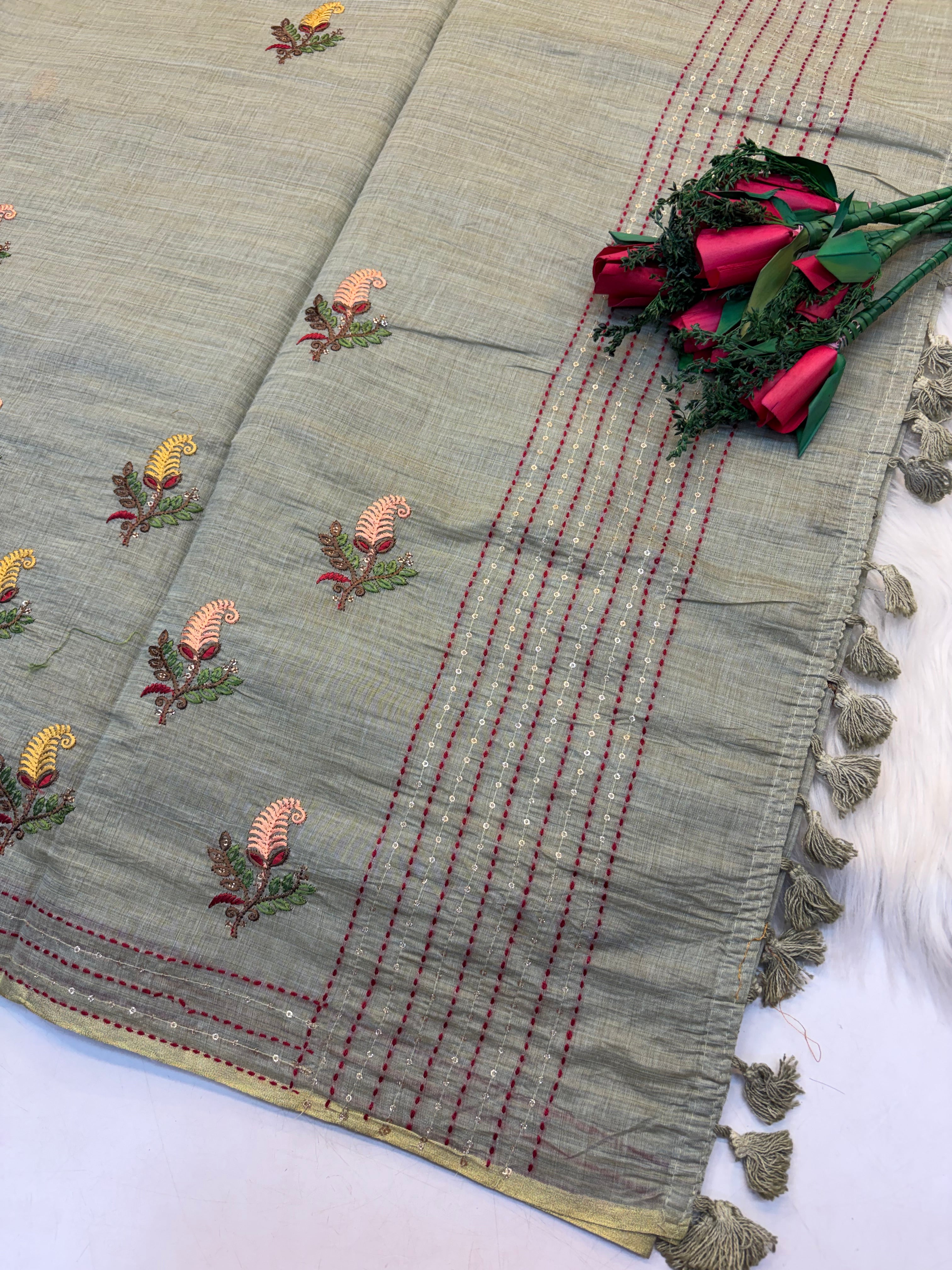 Lenin Embroidery saree Light Pastel Green  colour- KCLB005