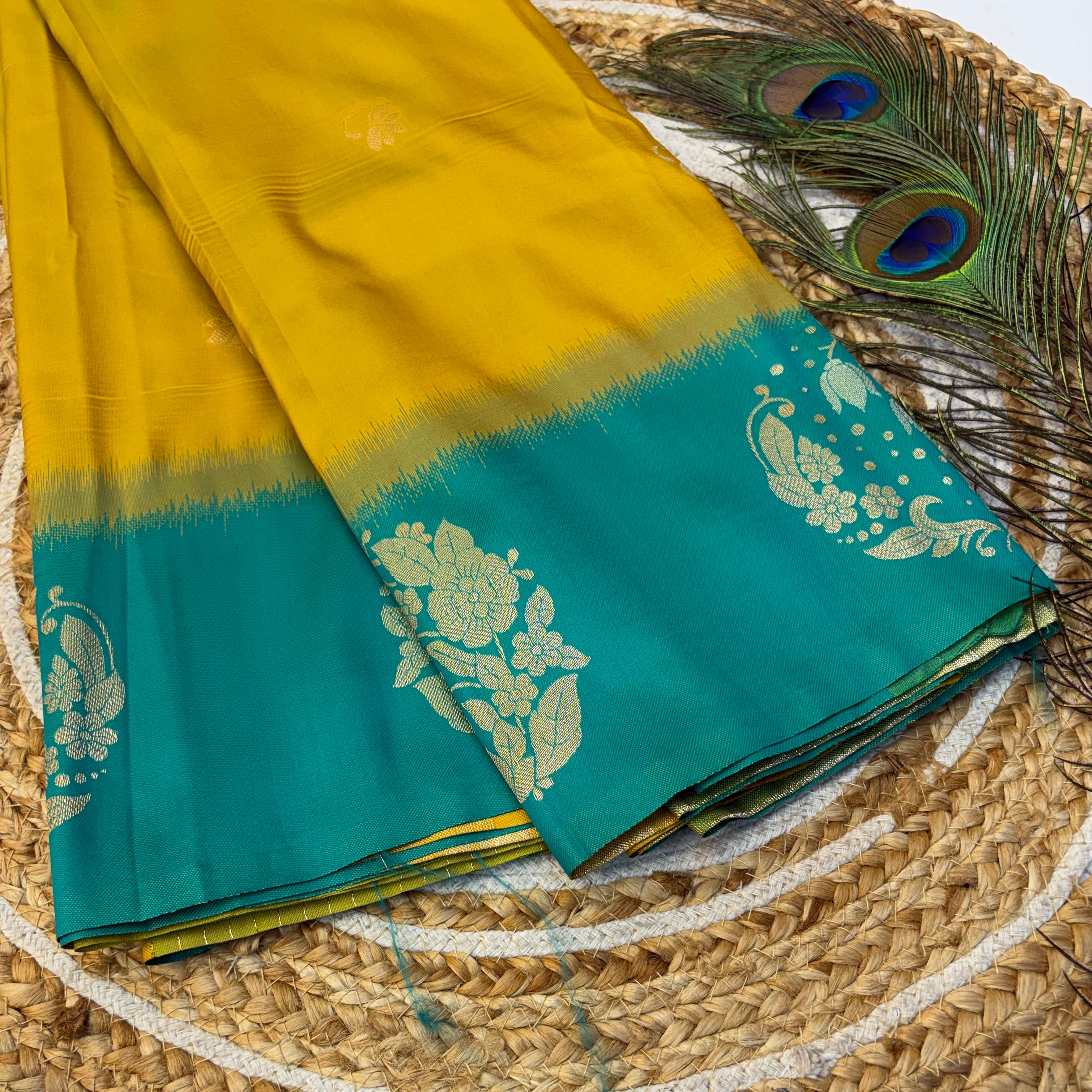 Soft Silk Saree Yellow Colour With Peacock Blue Border -(KCSSS07) (Copy 17)