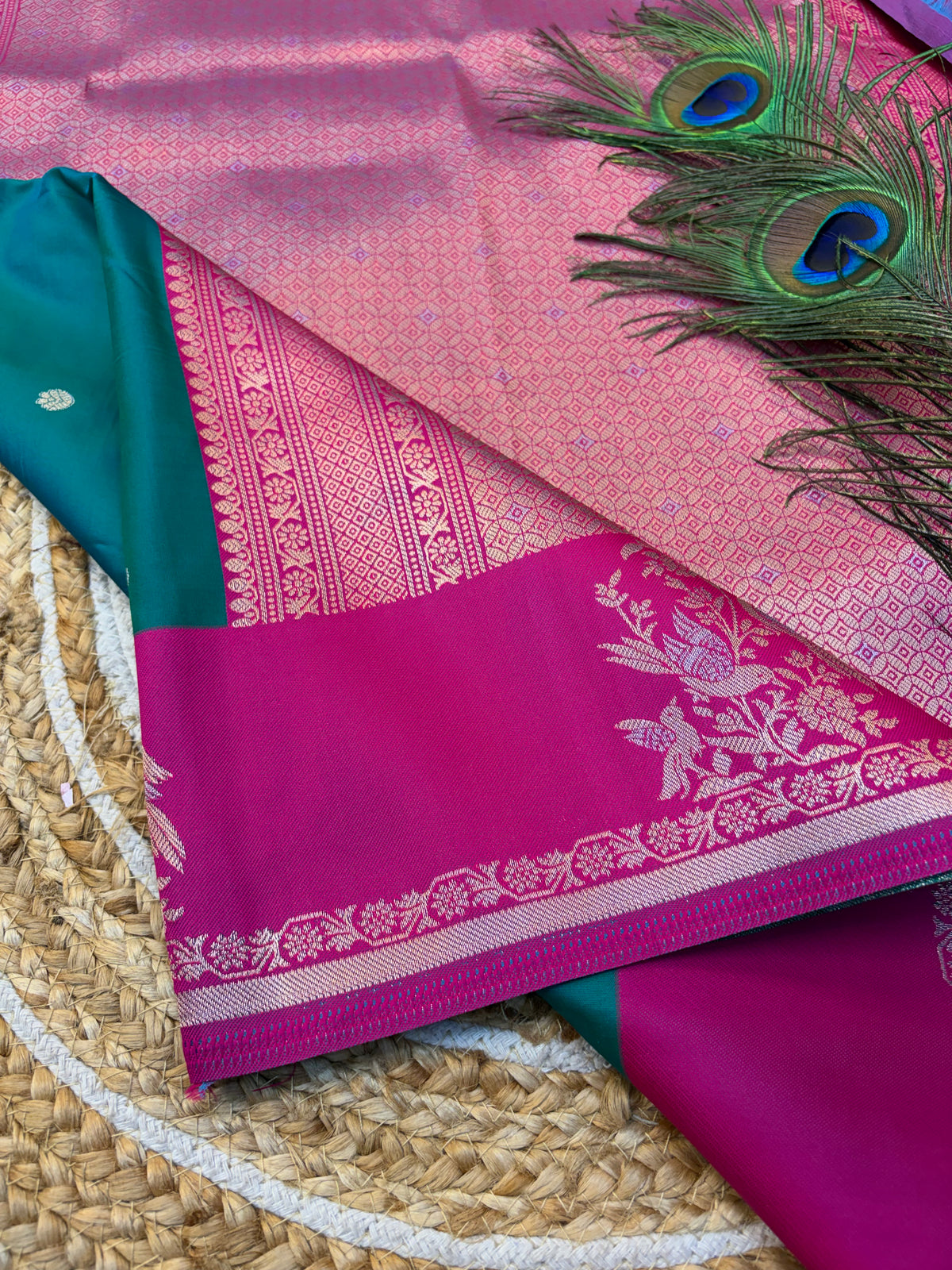 Soft Silk Saree Peacock Green Colour With Rani Pink Border -(KCSSS05)