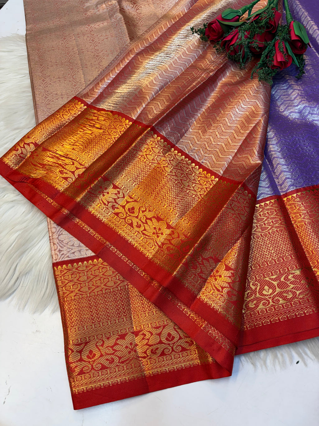 Parallel Lines Silk Saree Lavender Silk Saree With Red Border - (KCSS0012