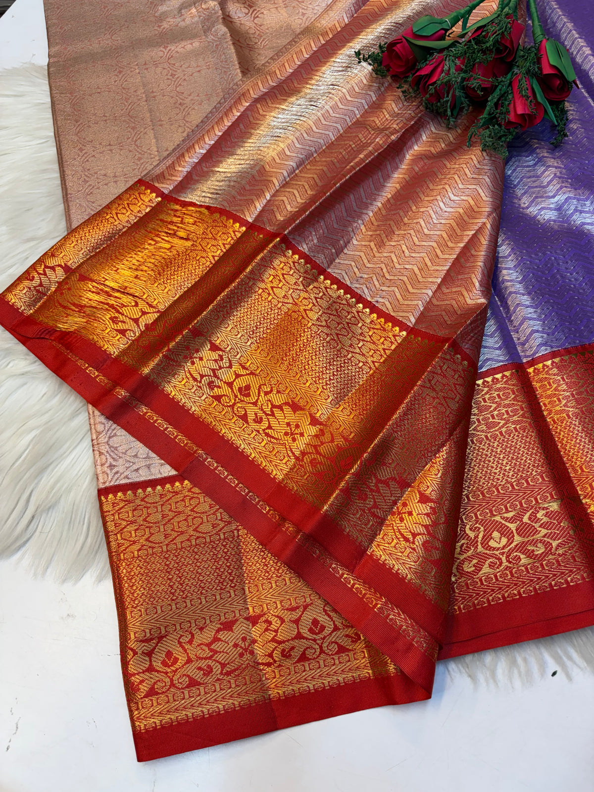 Parallel Lines Silk Saree Lavender Silk Saree With Red Border - (KCSS0012