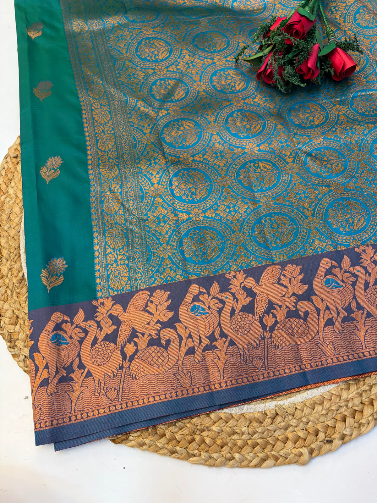 Soft Silk Saree Pastel Peacock Greenish Colour With Blue Border -(KCSSS18)
