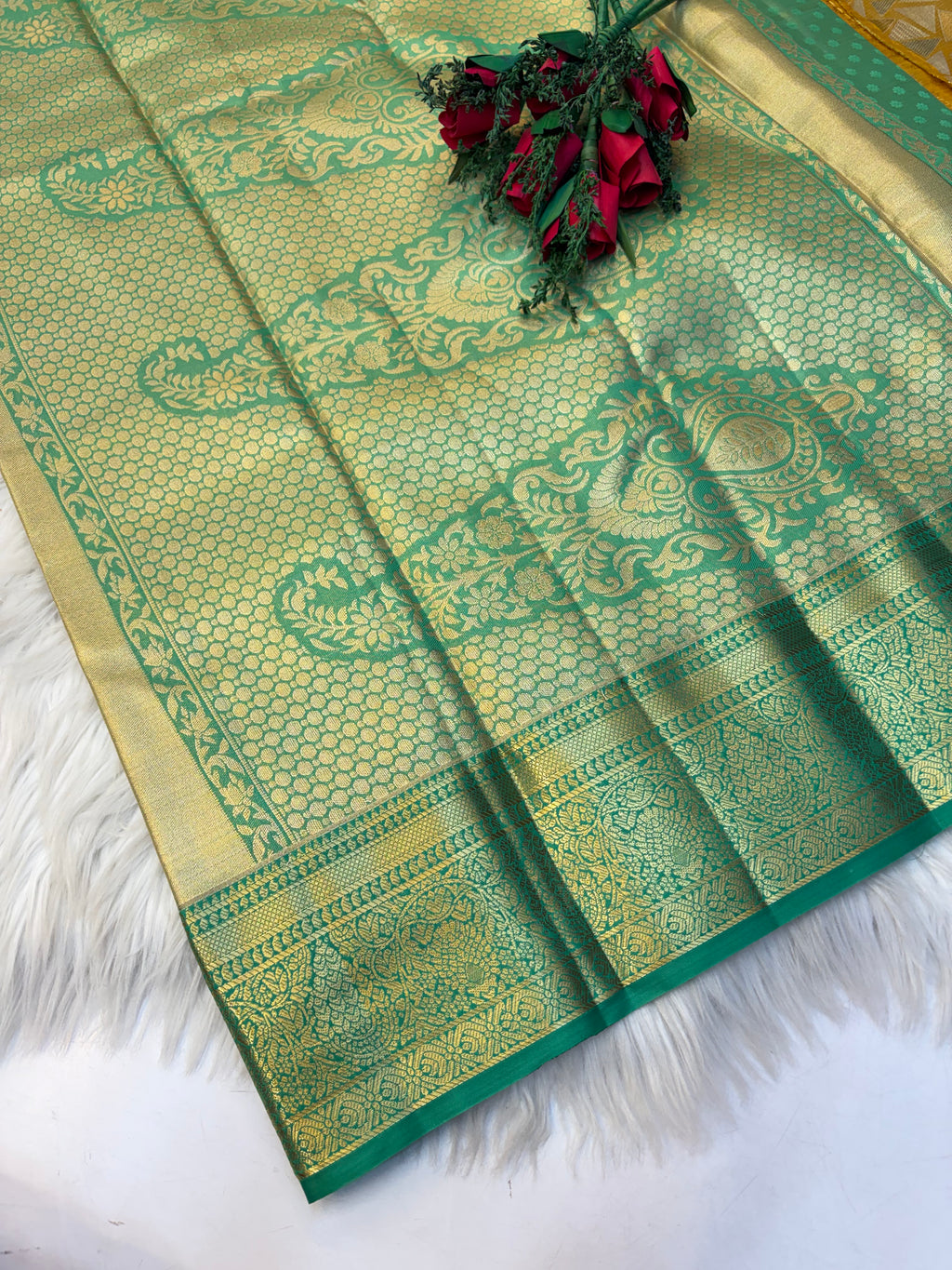Geometric Silk Saree Lite Mustard With Green Border  -(KCSS006) (Copy)