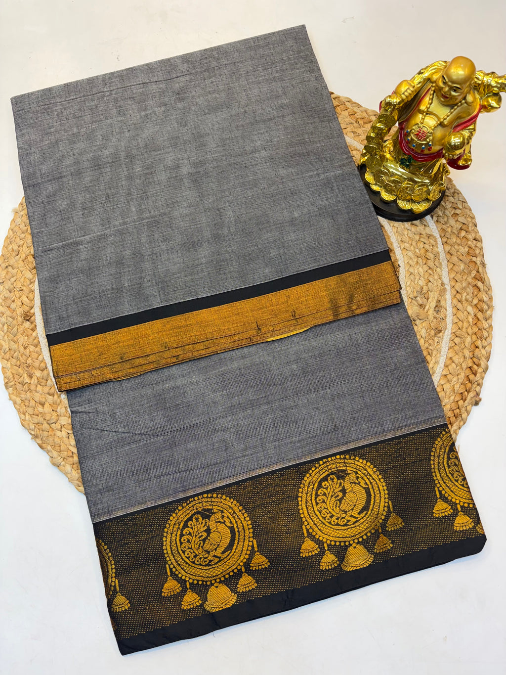 Kanchi cotton saree Grey Contrast Black Border  - KCKCS0021