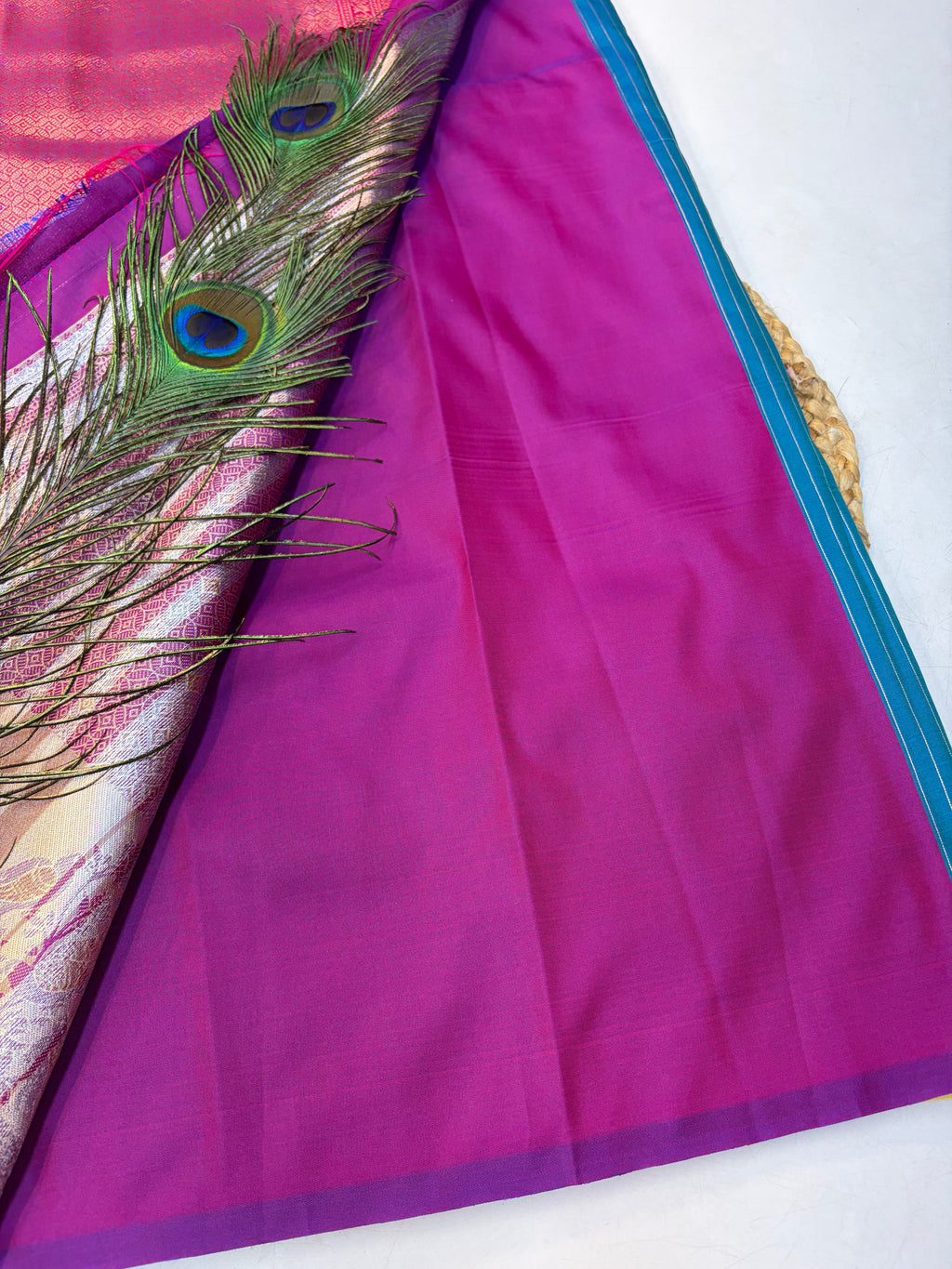 Soft Silk Saree Peacock Blue Colour With Rani pink Border -(KCSSS014)