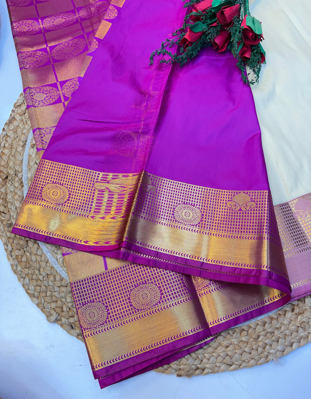 Silk Saree Pattu Cremish Colour (Half White) With Pink Border - (KCSSP004)