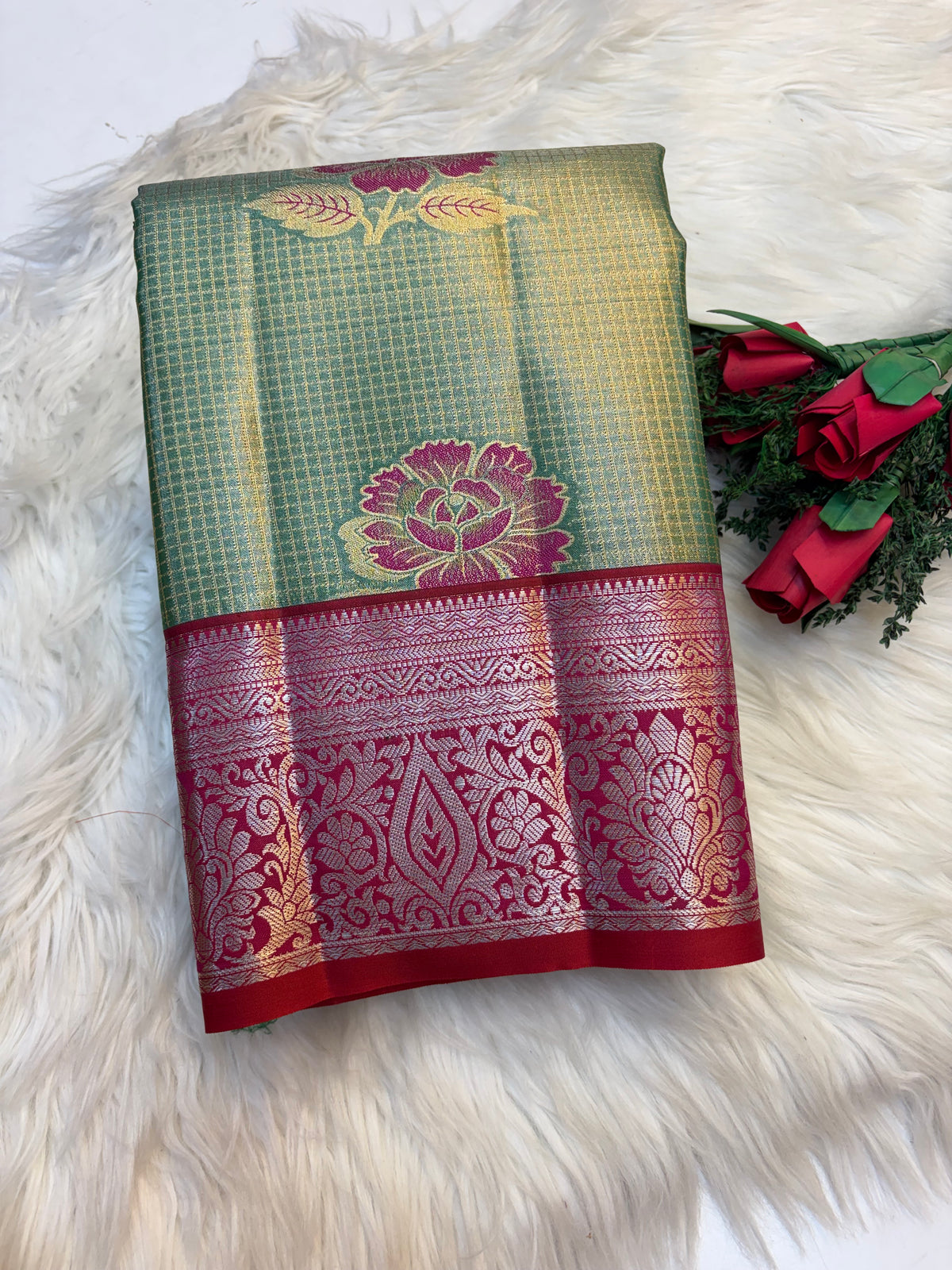 Checked Silk Saree Pastel Green with Red contrast Border -KCSS003 (Copy)