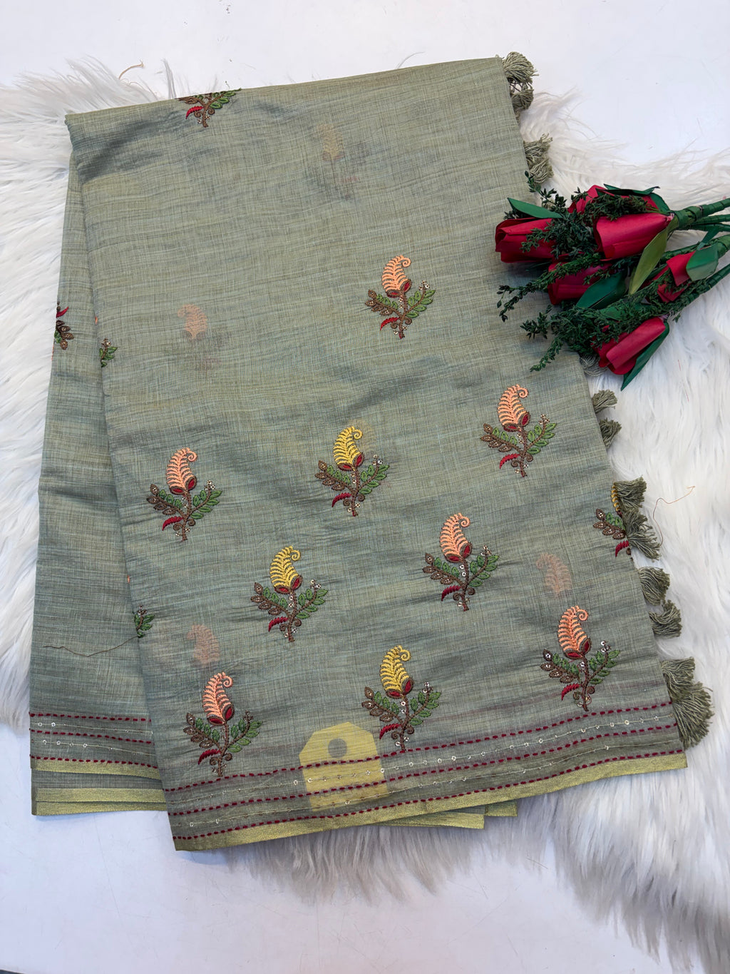 Lenin Embroidery saree Light Pastel Green  colour- KCLB005