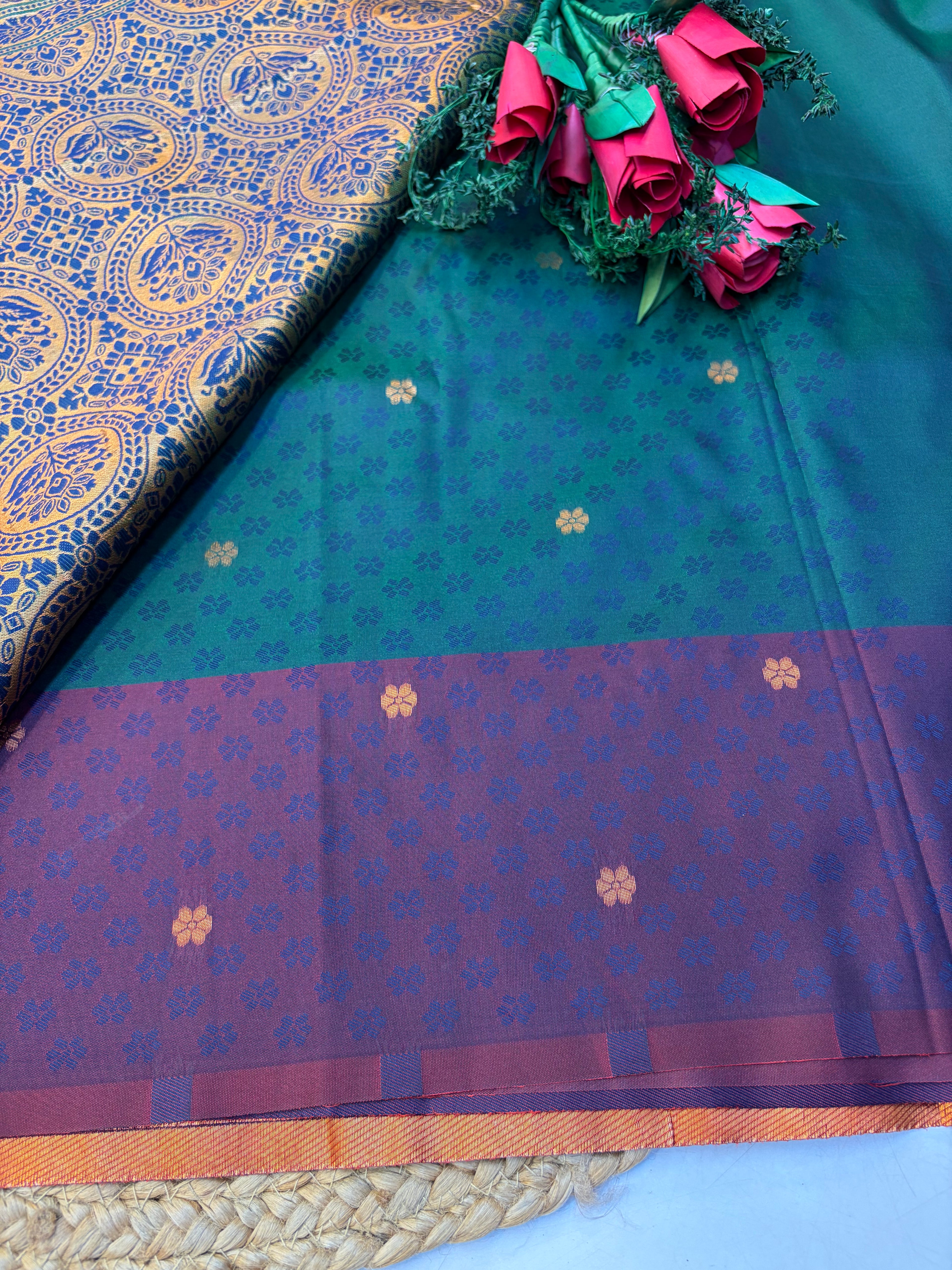 Soft Silk Saree Dark Green Colour With Brown Border - (KCSSS17)