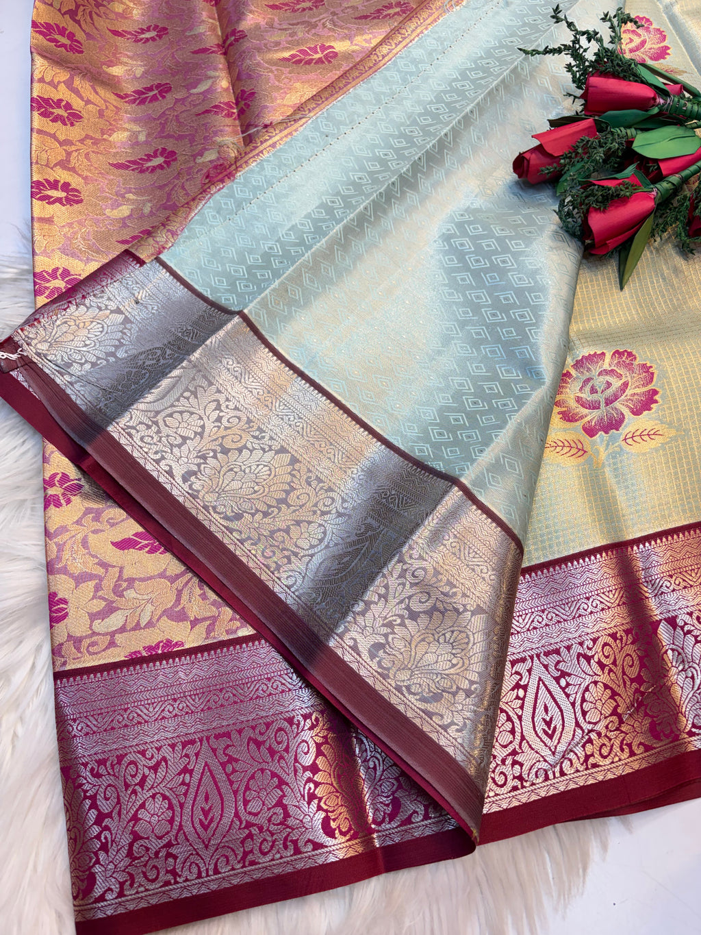 Checked Silk Saree Sky Blue with Rani pink contrast Border -KCSS001 (Copy)
