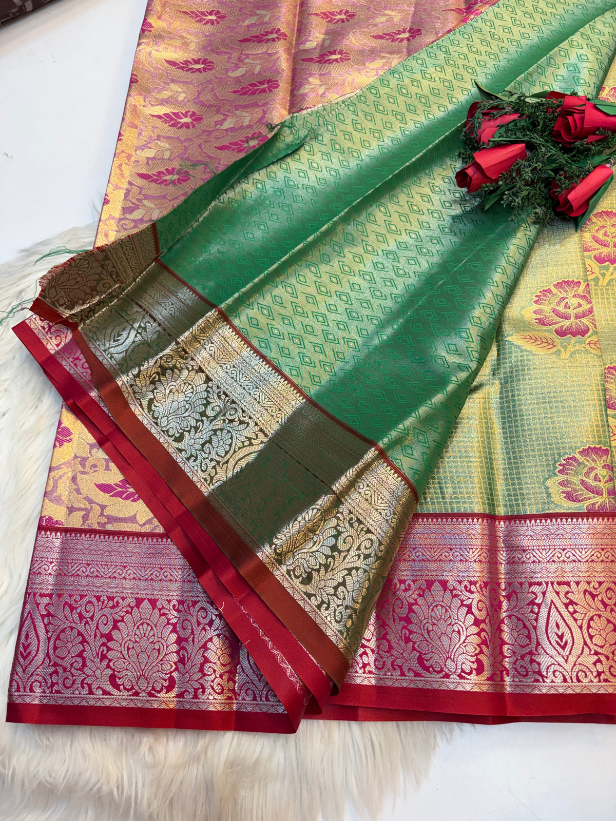 Checked Silk Saree Pastel Green with Red contrast Border -KCSS003 (Copy)