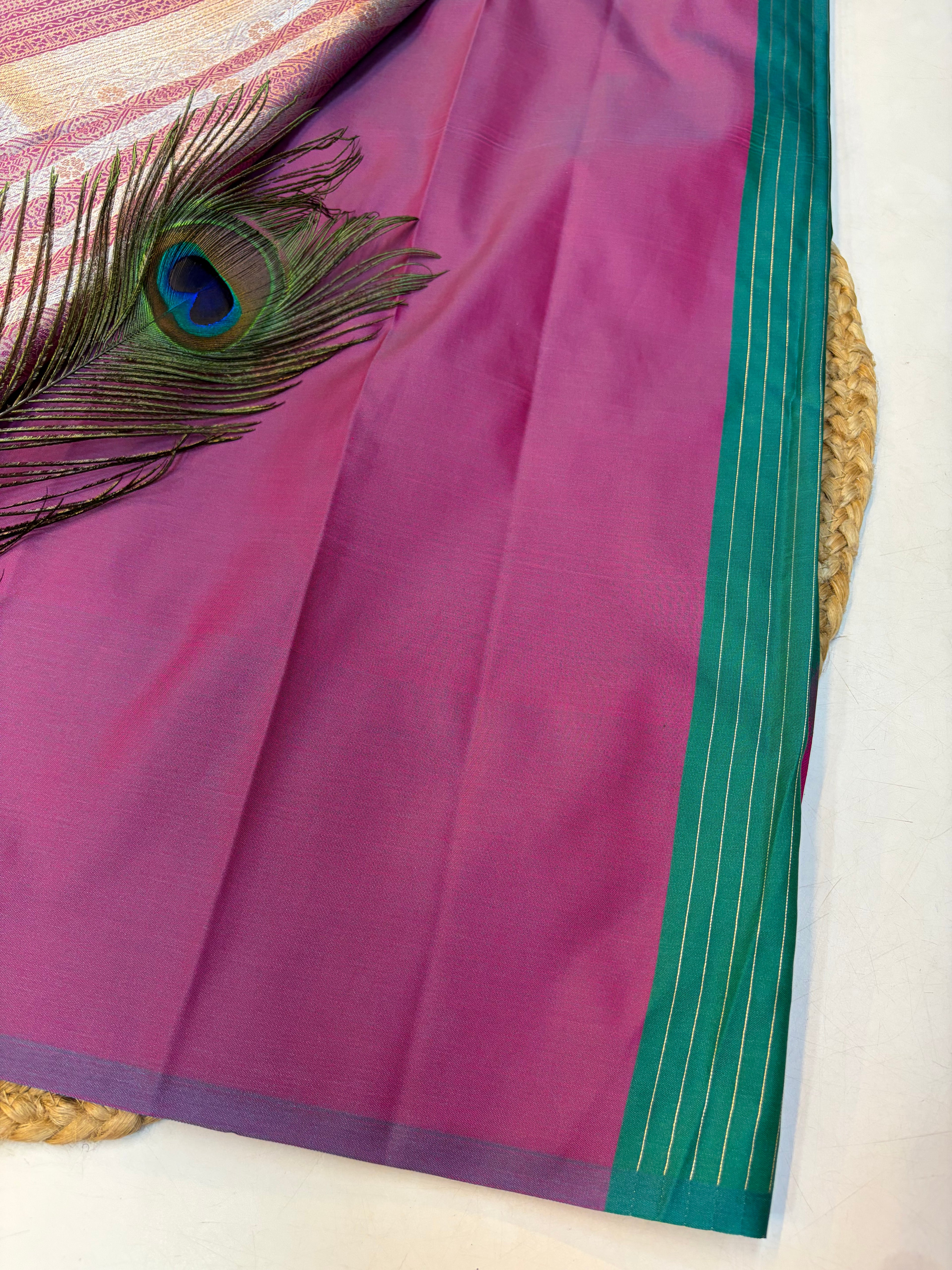 Soft Silk Saree Peacock Green Colour With Rani Pink Border -(KCSSS06)