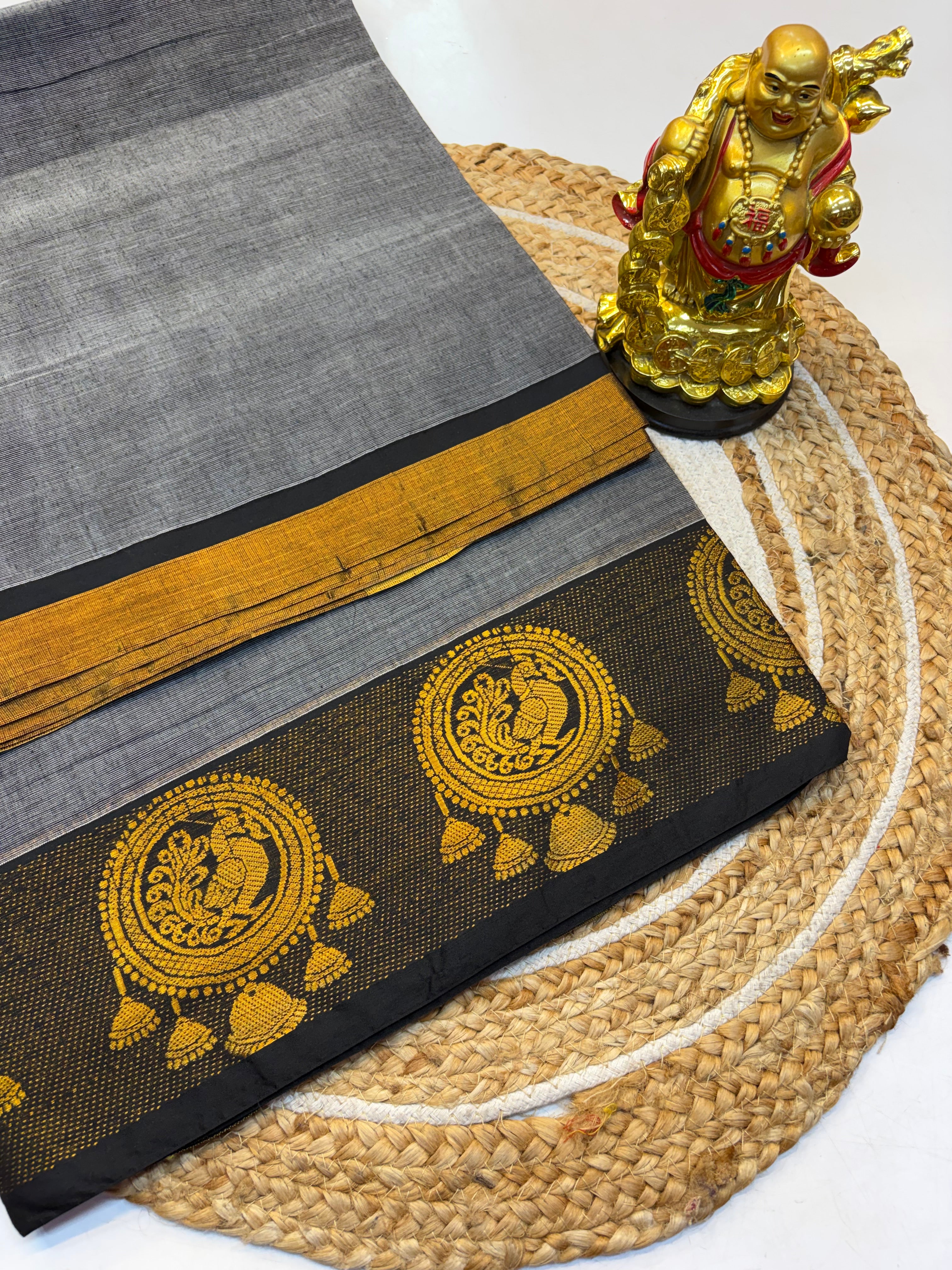 Kanchi cotton saree Grey Contrast Black Border  - KCKCS0021