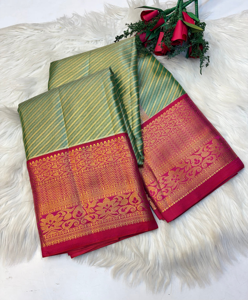 Parallel Lines Silk Saree Greenish With Contrast Red Border - (KCSS0010)