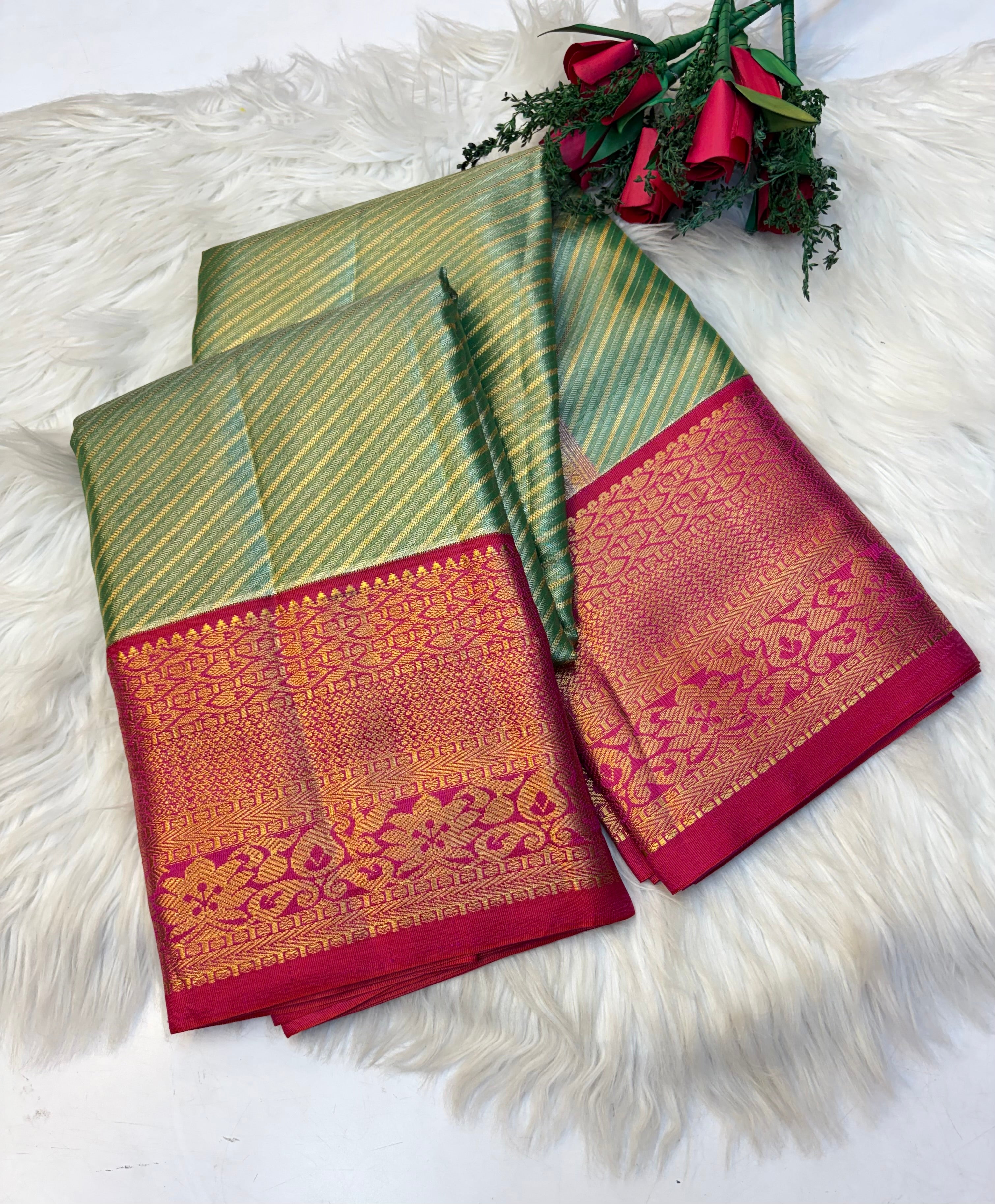 Parallel Lines Silk Saree Greenish With Contrast Red Border - (KCSS0010)