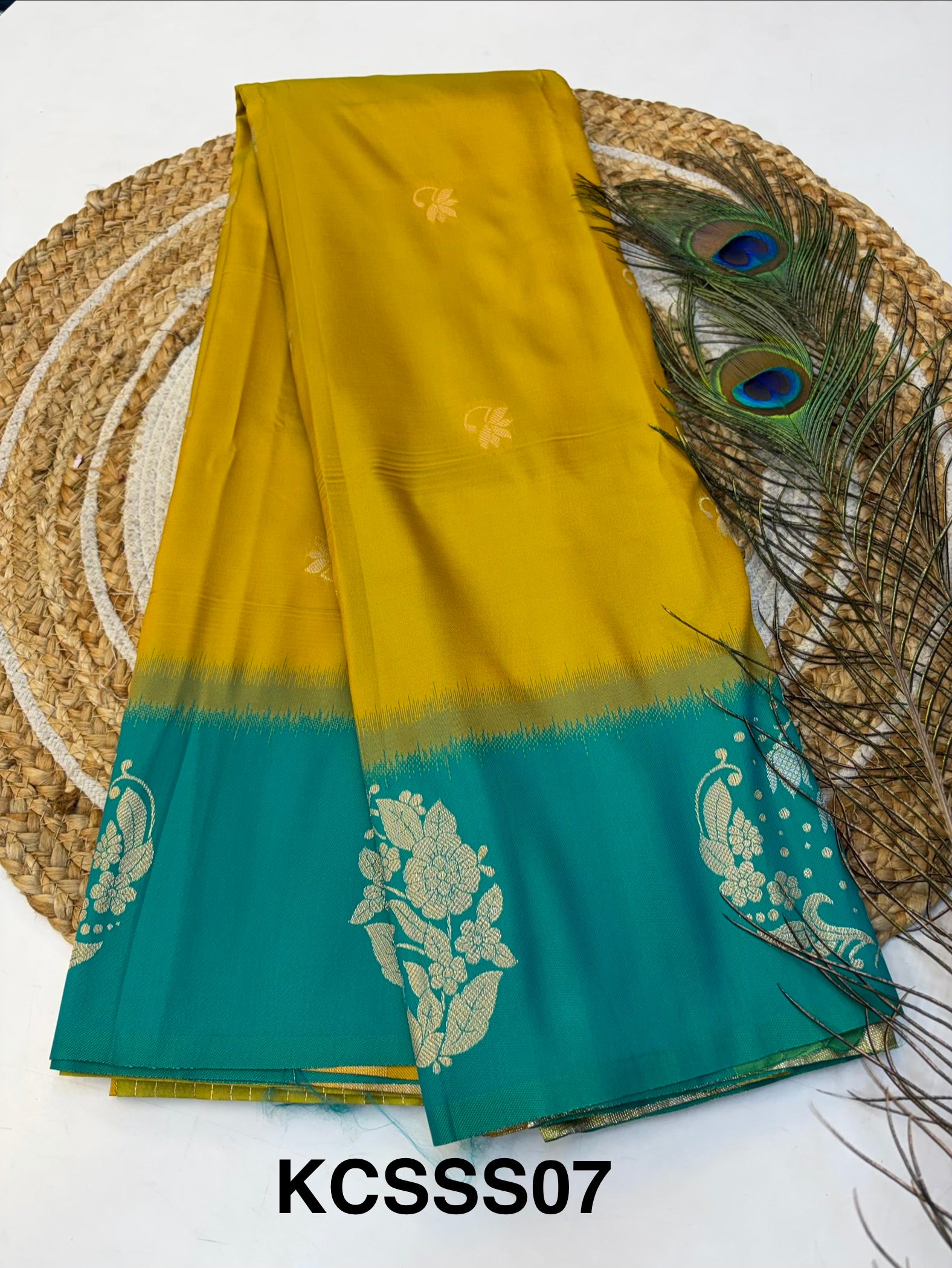 Soft Silk Saree Yellow Colour With Peacock Blue Border -(KCSSS07)