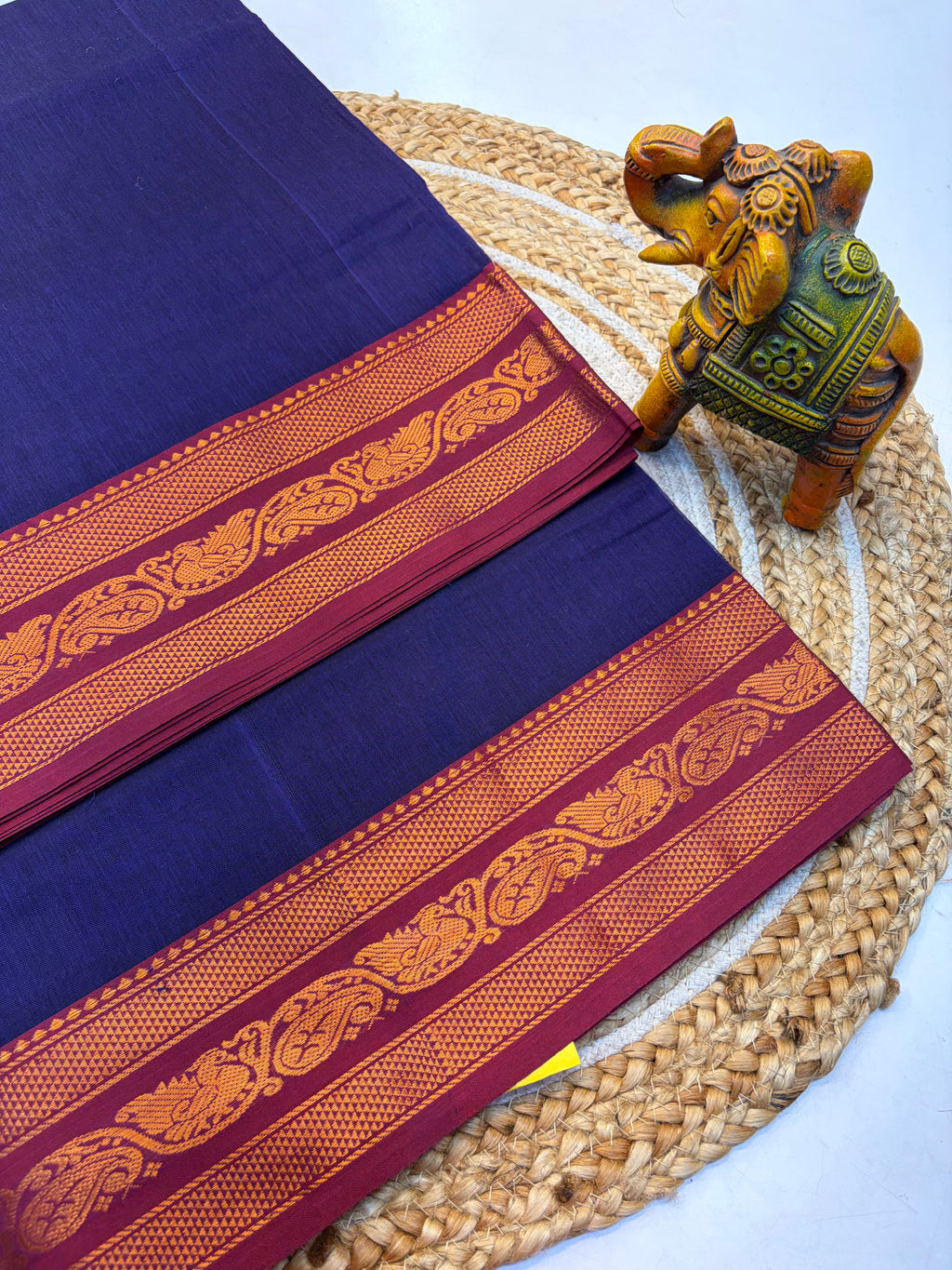 Kanchi cotton saree Ink Blue with Contrast Red Rorder- KCKCS003