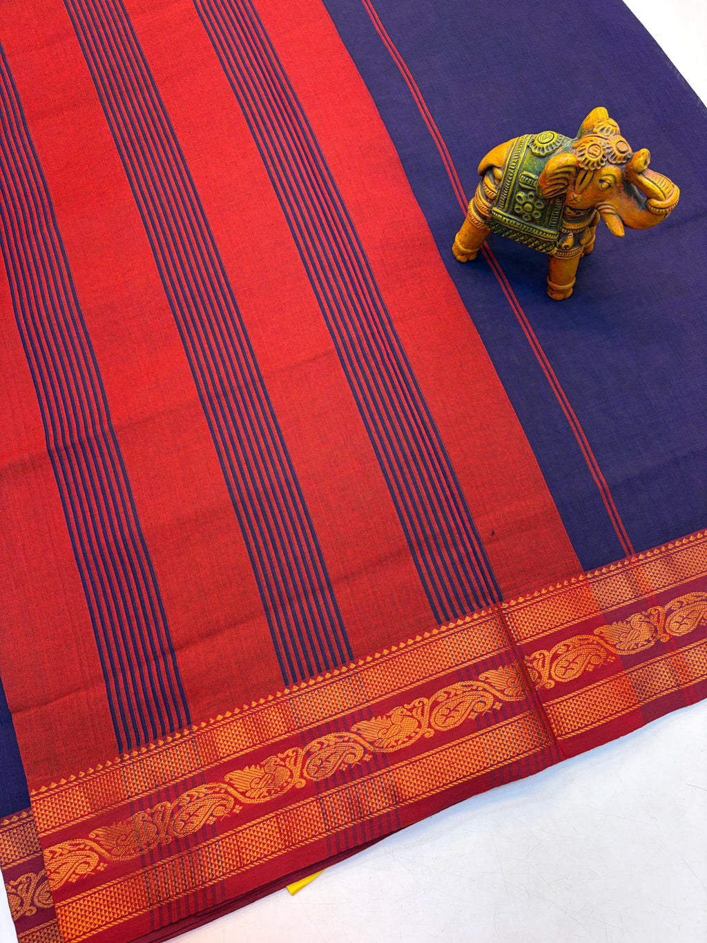 Kanchi cotton saree Ink Blue with Contrast Red Rorder- KCKCS003