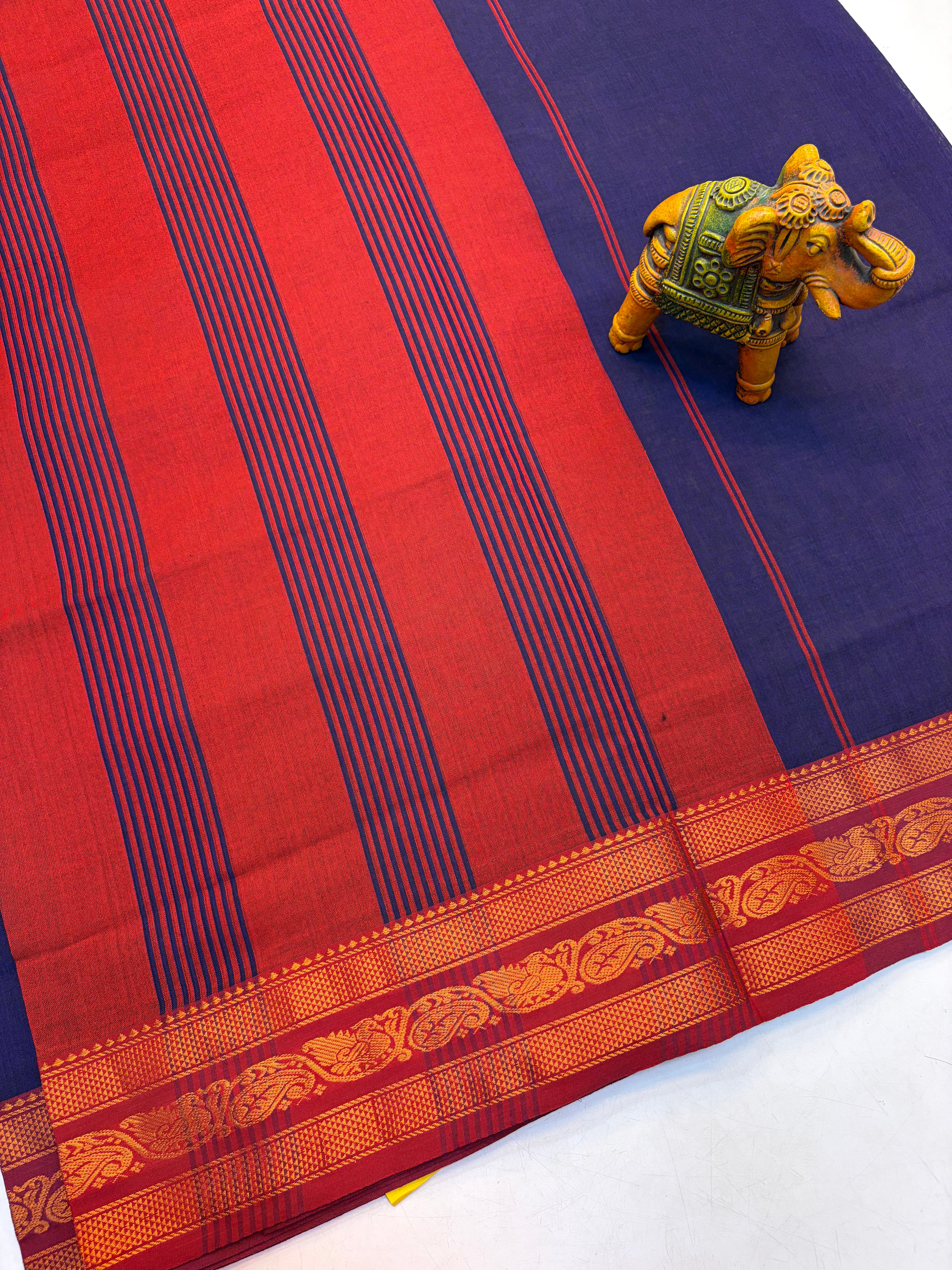 Kanchi cotton saree Ink Blue with Contrast Red Rorder- KCKCS003