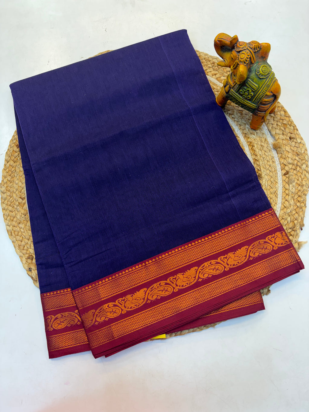 Kanchi cotton saree Ink Blue with Contrast Red Rorder- KCKCS003